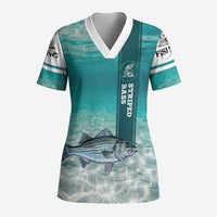 Striped Bass Fishing Scrub Top with Underwater Ocean Scene and Teal Water Pattern - Wonder Print Shop