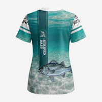 Striped Bass Fishing Scrub Top with Underwater Ocean Scene and Teal Water Pattern - Wonder Print Shop