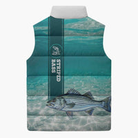 Striped Bass Fishing Sleeveless Puffer Jacket with Underwater Ocean Scene and Teal Water Pattern - Wonder Print Shop