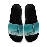 Striped Bass Fishing Slide Sandals with Underwater Ocean Scene and Teal Water Pattern - Wonder Print Shop