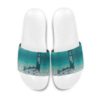 Striped Bass Fishing Slide Sandals with Underwater Ocean Scene and Teal Water Pattern - Wonder Print Shop