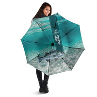 Striped Bass Fishing Umbrella with Underwater Ocean Scene and Teal Water Pattern - Wonder Print Shop