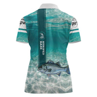 Striped Bass Fishing Women Polo Shirt with Underwater Ocean Scene and Teal Water Pattern - Wonder Print Shop