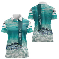 Striped Bass Fishing Women Polo Shirt with Underwater Ocean Scene and Teal Water Pattern - Wonder Print Shop