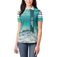 Striped Bass Fishing Women Polo Shirt with Underwater Ocean Scene and Teal Water Pattern - Wonder Print Shop