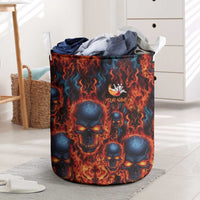 Custom Flaming Skull Bowling Laundry Basket with Fiery Pins and Intense Red Blue Flame Pattern - Wonder Print Shop