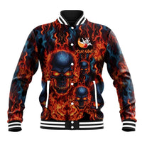 Custom Flaming Skull Bowling Baseball Jacket with Fiery Pins and Intense Red Blue Flame Pattern - Wonder Print Shop