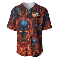 Custom Flaming Skull Bowling Baseball Jersey with Fiery Pins and Intense Red Blue Flame Pattern - Wonder Print Shop