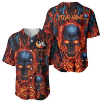 Custom Flaming Skull Bowling Baseball Jersey with Fiery Pins and Intense Red Blue Flame Pattern - Wonder Print Shop