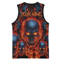 Custom Flaming Skull Bowling Basketball Jersey with Fiery Pins and Intense Red Blue Flame Pattern - Wonder Print Shop