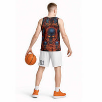 Custom Flaming Skull Bowling Basketball Jersey with Fiery Pins and Intense Red Blue Flame Pattern - Wonder Print Shop