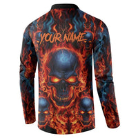 Custom Flaming Skull Bowling Button Sweatshirt with Fiery Pins and Intense Red Blue Flame Pattern - Wonder Print Shop