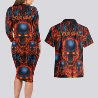 Custom Flaming Skull Bowling Couples Matching Long Sleeve Bodycon Dress and Hawaiian Shirt with Fiery Pins and Intense Red Blue Flame Pattern - Wonder Print Shop