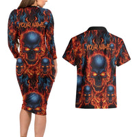 Custom Flaming Skull Bowling Couples Matching Long Sleeve Bodycon Dress and Hawaiian Shirt with Fiery Pins and Intense Red Blue Flame Pattern - Wonder Print Shop