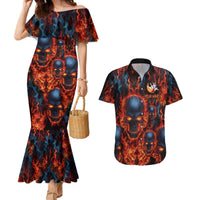 Custom Flaming Skull Bowling Couples Matching Mermaid Dress and Hawaiian Shirt with Fiery Pins and Intense Red Blue Flame Pattern - Wonder Print Shop