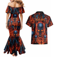 Custom Flaming Skull Bowling Couples Matching Mermaid Dress and Hawaiian Shirt with Fiery Pins and Intense Red Blue Flame Pattern - Wonder Print Shop