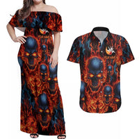 Custom Flaming Skull Bowling Couples Matching Off Shoulder Maxi Dress and Hawaiian Shirt with Fiery Pins and Intense Red Blue Flame Pattern - Wonder Print Shop
