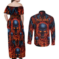 Custom Flaming Skull Bowling Couples Matching Off Shoulder Maxi Dress and Long Sleeve Button Shirt with Fiery Pins and Intense Red Blue Flame Pattern - Wonder Print Shop