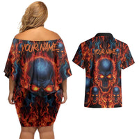 Custom Flaming Skull Bowling Couples Matching Off Shoulder Short Dress and Hawaiian Shirt with Fiery Pins and Intense Red Blue Flame Pattern - Wonder Print Shop