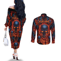 Custom Flaming Skull Bowling Couples Matching Off The Shoulder Long Sleeve Dress and Long Sleeve Button Shirt with Fiery Pins and Intense Red Blue Flame Pattern - Wonder Print Shop