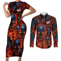 Custom Flaming Skull Bowling Couples Matching Short Sleeve Bodycon Dress and Long Sleeve Button Shirt with Fiery Pins and Intense Red Blue Flame Pattern - Wonder Print Shop