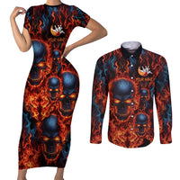 Custom Flaming Skull Bowling Couples Matching Short Sleeve Bodycon Dress and Long Sleeve Button Shirt with Fiery Pins and Intense Red Blue Flame Pattern - Wonder Print Shop