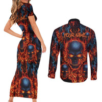 Custom Flaming Skull Bowling Couples Matching Short Sleeve Bodycon Dress and Long Sleeve Button Shirt with Fiery Pins and Intense Red Blue Flame Pattern - Wonder Print Shop