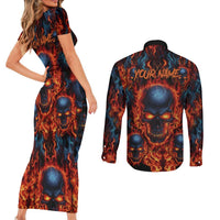 Custom Flaming Skull Bowling Couples Matching Short Sleeve Bodycon Dress and Long Sleeve Button Shirt with Fiery Pins and Intense Red Blue Flame Pattern - Wonder Print Shop