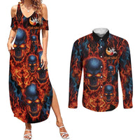 Custom Flaming Skull Bowling Couples Matching Summer Maxi Dress and Long Sleeve Button Shirt with Fiery Pins and Intense Red Blue Flame Pattern - Wonder Print Shop