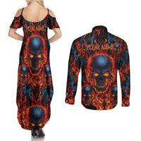 Custom Flaming Skull Bowling Couples Matching Summer Maxi Dress and Long Sleeve Button Shirt with Fiery Pins and Intense Red Blue Flame Pattern - Wonder Print Shop