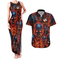 Custom Flaming Skull Bowling Couples Matching Tank Maxi Dress and Hawaiian Shirt with Fiery Pins and Intense Red Blue Flame Pattern - Wonder Print Shop