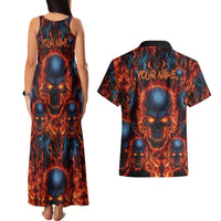Custom Flaming Skull Bowling Couples Matching Tank Maxi Dress and Hawaiian Shirt with Fiery Pins and Intense Red Blue Flame Pattern - Wonder Print Shop