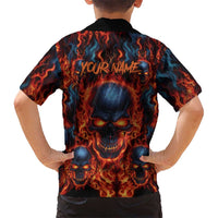 Custom Flaming Skull Bowling Family Matching Long Sleeve Bodycon Dress and Hawaiian Shirt with Fiery Pins and Intense Red Blue Flame Pattern - Wonder Print Shop