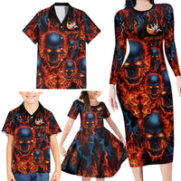 Custom Flaming Skull Bowling Family Matching Long Sleeve Bodycon Dress and Hawaiian Shirt with Fiery Pins and Intense Red Blue Flame Pattern - Wonder Print Shop