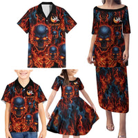 Custom Flaming Skull Bowling Family Matching Puletasi and Hawaiian Shirt with Fiery Pins and Intense Red Blue Flame Pattern - Wonder Print Shop