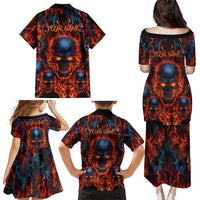 Custom Flaming Skull Bowling Family Matching Puletasi and Hawaiian Shirt with Fiery Pins and Intense Red Blue Flame Pattern - Wonder Print Shop