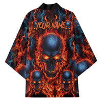 Custom Flaming Skull Bowling Kimono with Fiery Pins and Intense Red Blue Flame Pattern - Wonder Print Shop