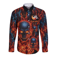 Custom Flaming Skull Bowling Long Sleeve Button Shirt with Fiery Pins and Intense Red Blue Flame Pattern - Wonder Print Shop