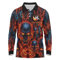 Custom Flaming Skull Bowling Long Sleeve Polo Shirt with Fiery Pins and Intense Red Blue Flame Pattern - Wonder Print Shop