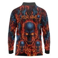 Custom Flaming Skull Bowling Long Sleeve Polo Shirt with Fiery Pins and Intense Red Blue Flame Pattern - Wonder Print Shop