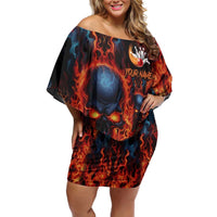 Custom Flaming Skull Bowling Off Shoulder Short Dress with Fiery Pins and Intense Red Blue Flame Pattern - Wonder Print Shop