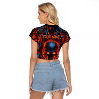 Custom Flaming Skull Bowling Raglan Cropped T Shirt with Fiery Pins and Intense Red Blue Flame Pattern - Wonder Print Shop