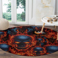 Custom Flaming Skull Bowling Round Carpet with Fiery Pins and Intense Red Blue Flame Pattern - Wonder Print Shop
