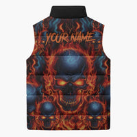 Custom Flaming Skull Bowling Sleeveless Puffer Jacket with Fiery Pins and Intense Red Blue Flame Pattern - Wonder Print Shop