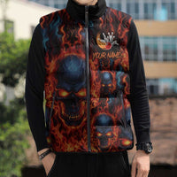 Custom Flaming Skull Bowling Sleeveless Puffer Jacket with Fiery Pins and Intense Red Blue Flame Pattern - Wonder Print Shop