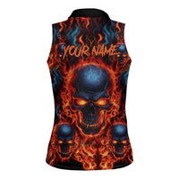 Custom Flaming Skull Bowling Women Sleeveless Polo Shirt with Fiery Pins and Intense Red Blue Flame Pattern - Wonder Print Shop