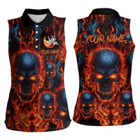 Custom Flaming Skull Bowling Women Sleeveless Polo Shirt with Fiery Pins and Intense Red Blue Flame Pattern - Wonder Print Shop