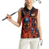 Custom Flaming Skull Bowling Women Sleeveless Polo Shirt with Fiery Pins and Intense Red Blue Flame Pattern - Wonder Print Shop