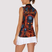 Custom Flaming Skull Bowling Women Sleeveless Polo Shirt with Fiery Pins and Intense Red Blue Flame Pattern - Wonder Print Shop