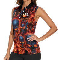 Custom Flaming Skull Bowling Women Sleeveless Polo Shirt with Fiery Pins and Intense Red Blue Flame Pattern - Wonder Print Shop